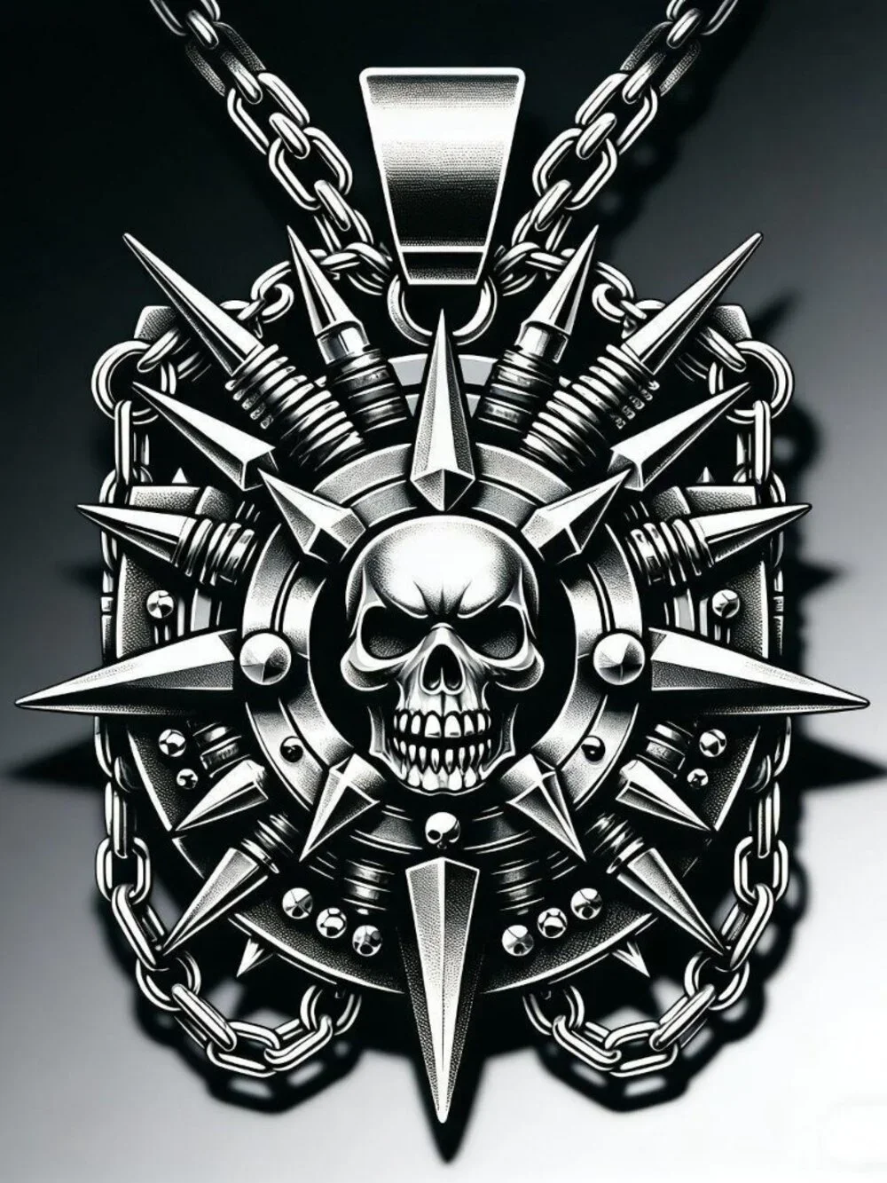 Mens stainless steel spiked skull pendant necklace gothic